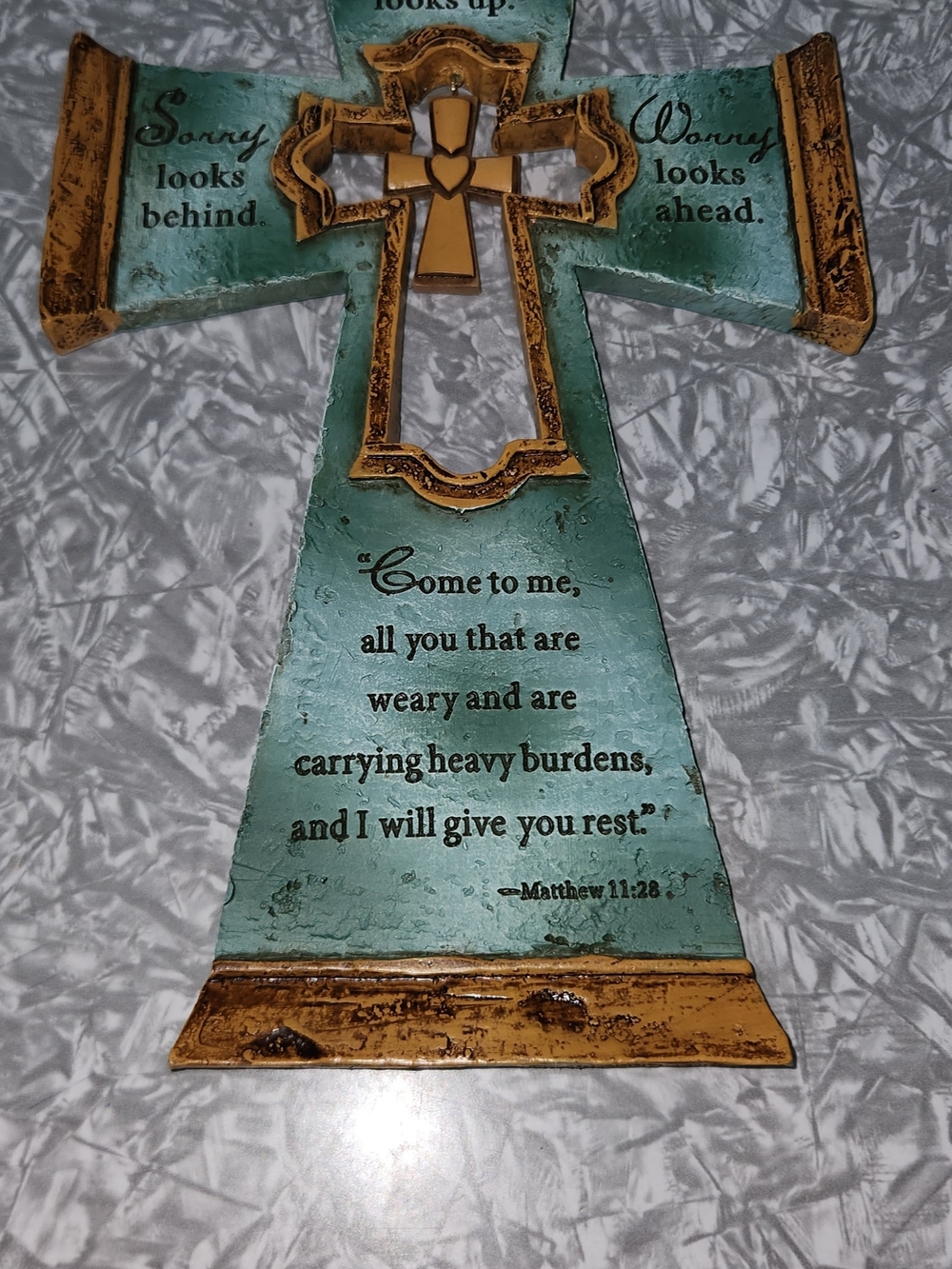 Turquoise and Gold Inspirational Cross Wall Decor